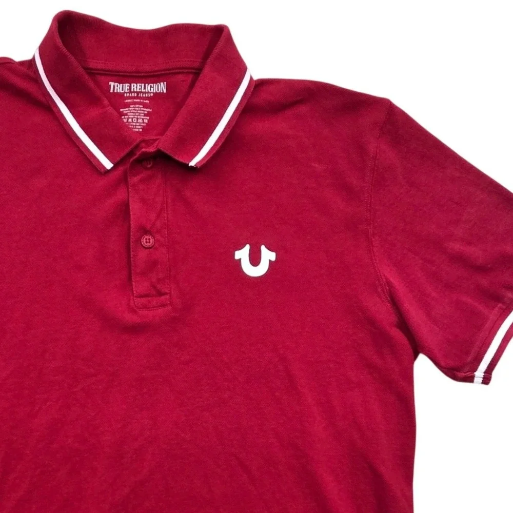 True Religion‎ Red Short Sleeve Polo Shirt Horseshoe Logo Mens Large *READ